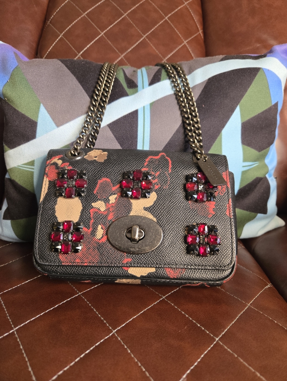 Coach Black Floral Embellished Chain Shoulder Bag